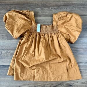 Maeve Puff Sleeve Smocked Shirt Square Neck Bronze Medium Babydoll Boho Cottage